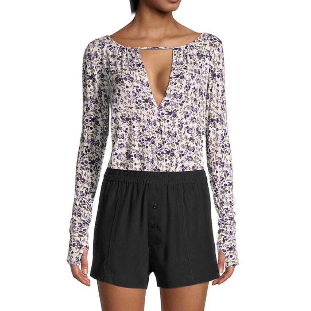 Intimately Free People Kaya Floral Long Sleeve Thong Bodysuit Size Small